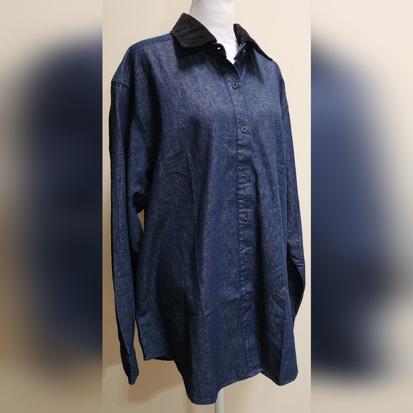 Denim Chambray Shirt with Reversible Removable Embroidered Velvet Collar Size L - Picture 11 of 12